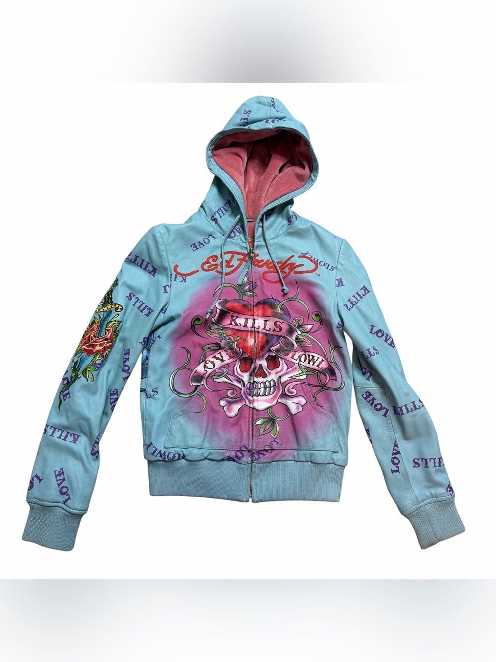 Ed Hardy Womens Y2K Blue Leather Love Kills Slowly Jacket- Size Small (Read)